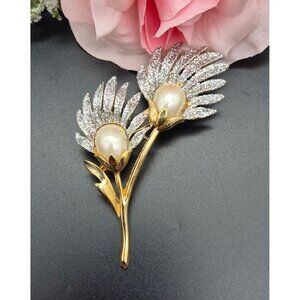 Beautiful Floral Brooch Pin Gold Tone & Faux Pearl Silver Glitter Leaves MINT 3"